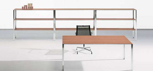 Unifor - Table and bookcase LESS by JEAN NOUVEL, chair ALUMINIUM GROUP